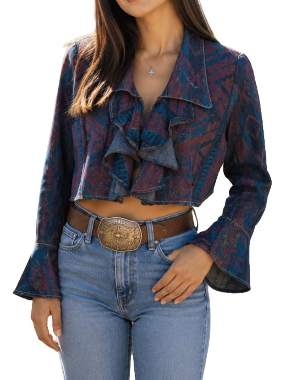 Vintage 80s Ruffle Crop Top Bell Sleeve Western Cowgirl Horse GIrl Southwest